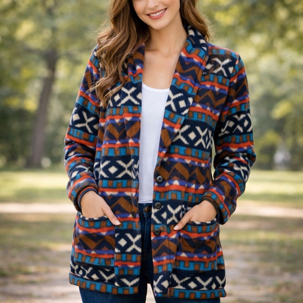 Vtg Jacket Blazer Womens 18W Aztec Print Colorful Retro 90s Cowgirl Rodeo Fleece